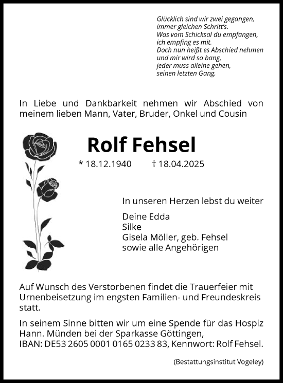 Todesanzeige von Rolf Fehsel von HNA