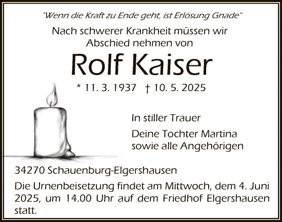 Todesanzeige von Rolf Kaiser von HNA