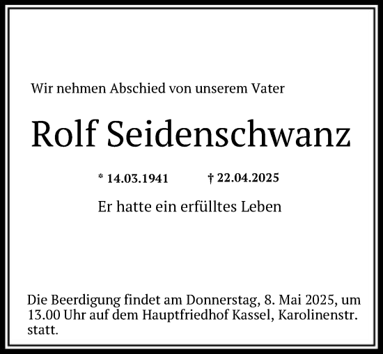 Todesanzeige von Rolf Seidenschwanz von HNA