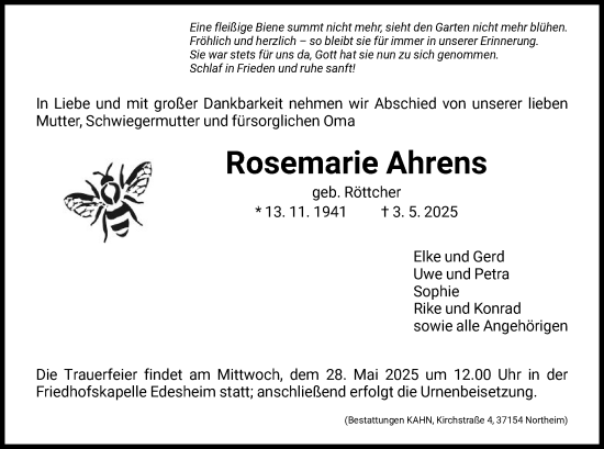 Todesanzeige von Rosemarie Ahrens von HNA