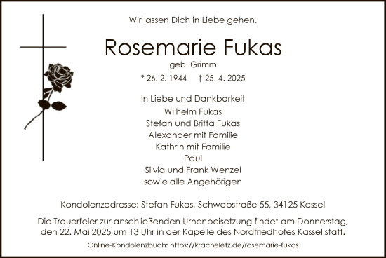 Todesanzeige von Rosemarie Fukas von HNA