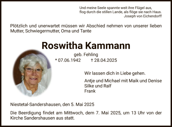 Todesanzeige von Roswitha Kammann von HNA