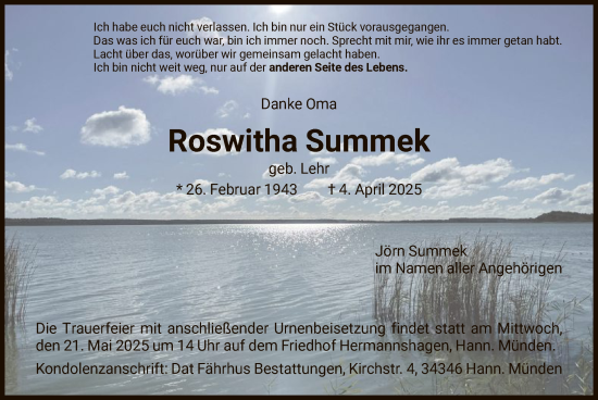 Todesanzeige von Roswitha Summek von HNA