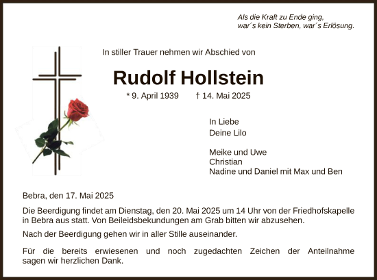 Todesanzeige von Rudolf Hollstein von HNA