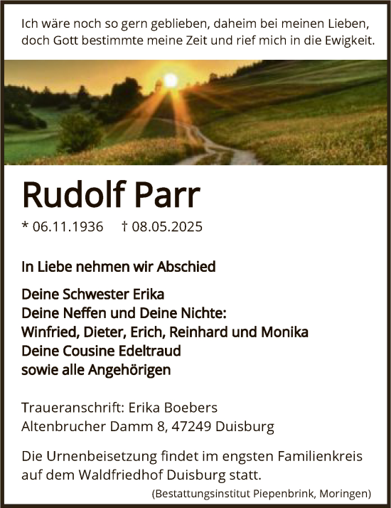Todesanzeige von Rudolf Parr von HNA
