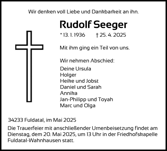 Todesanzeige von Rudolf Seeger von HNA