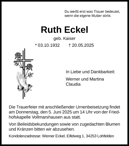 Todesanzeige von Ruth Eckel von HNA