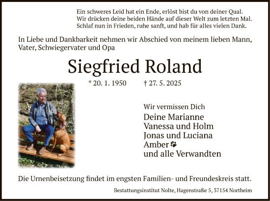 Todesanzeige von Siegfried Roland von HNA