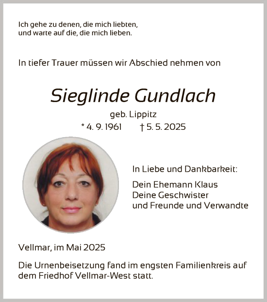 Todesanzeige von Sieglinde Gundlach von HNA