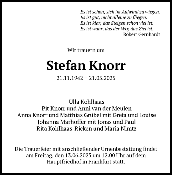 Todesanzeige von Stefan Knorr von HNA