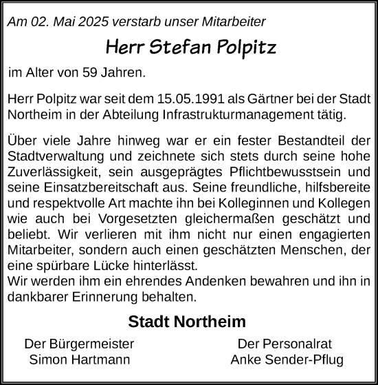 Todesanzeige von Stefan Polpitz von HNA