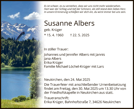Todesanzeige von Susanne Albers von HNA