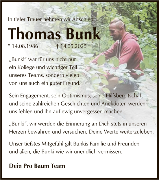 Todesanzeige von Thomas Bunk von HNAHNA