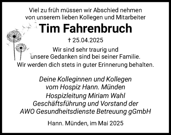 Todesanzeige von Tim Fahrenbruch von HNA