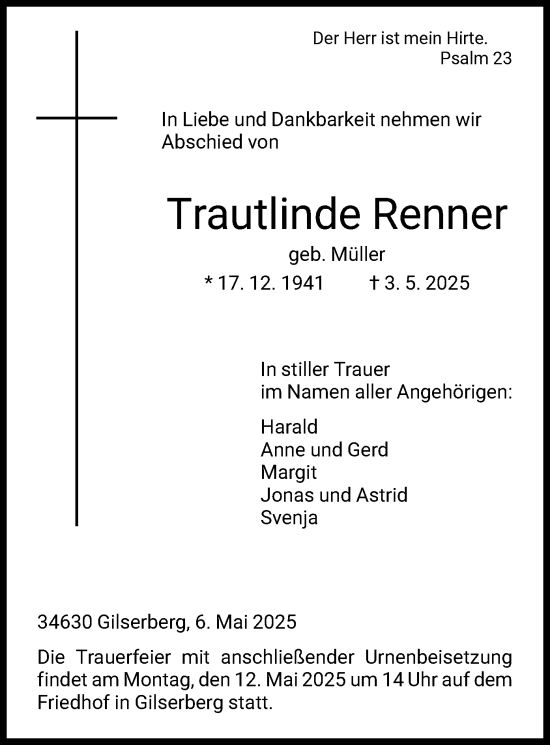 Todesanzeige von Trautlinde Renner von HNA