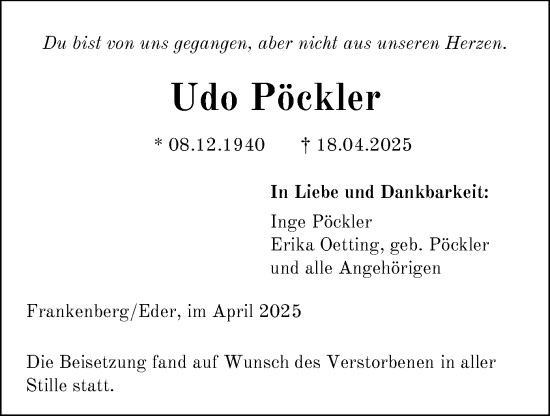 Todesanzeige von Udo Pöckler von HNA