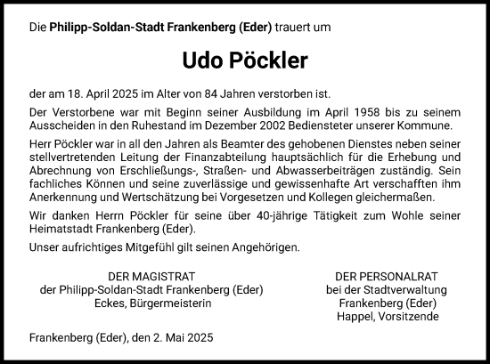 Todesanzeige von Udo Pöckler von HNA