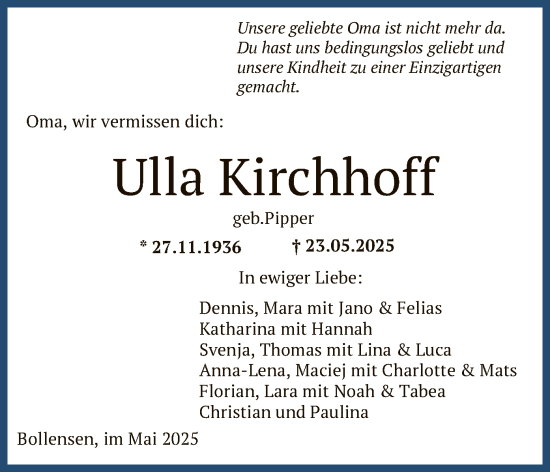 Todesanzeige von Ulla Kirchhoff von HNA