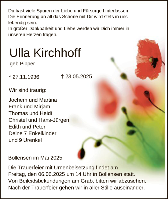 Todesanzeige von Ulla Kirchhoff von HNA