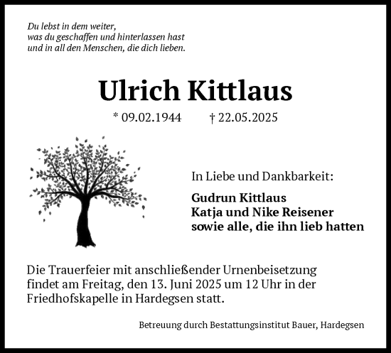 Todesanzeige von Ulrich Kittlaus von HNA