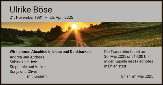 Todesanzeige von Ulrike Böse von HNA