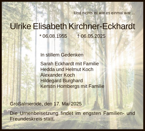 Todesanzeige von Ulrike Elisabeth Kirchner-Eckhardt von HNA
