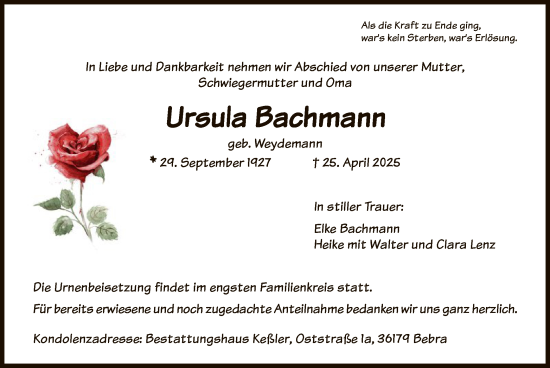 Todesanzeige von Ursula Bachmann von HNA