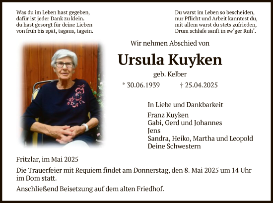 Todesanzeige von Ursula Kuyken von HNA