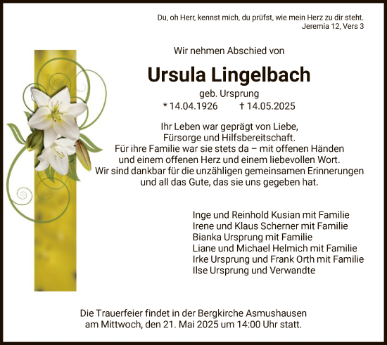 Todesanzeige von Ursula Lingelbach von HNA