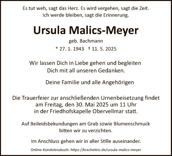 Todesanzeige von Ursula Malics-Meyer von HNA