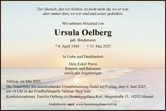 Todesanzeige von Ursula Oelberg von HNA