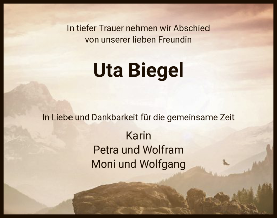 Todesanzeige von Uta Biegel von HNA