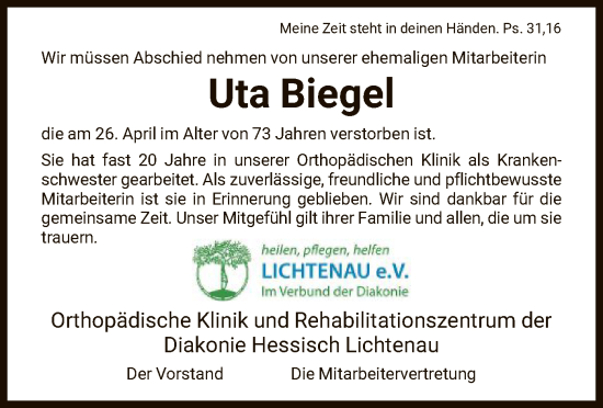 Todesanzeige von Uta Biegel von HNA