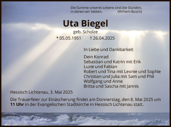 Todesanzeige von Uta Biegel von HNA