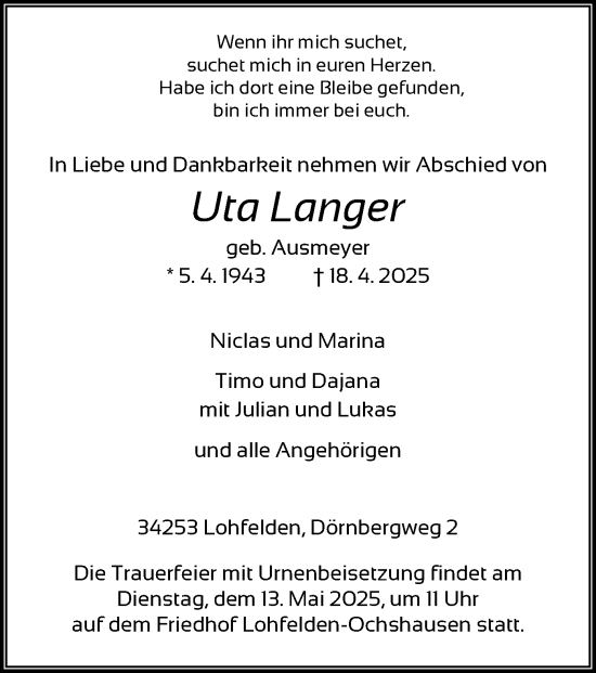 Todesanzeige von Uta Langer von HNA