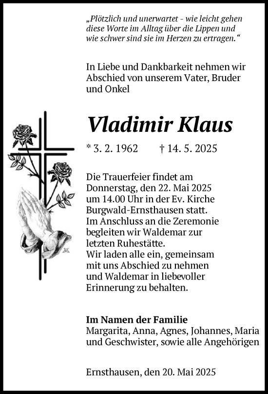 Todesanzeige von Vladimir Klaus von HNA