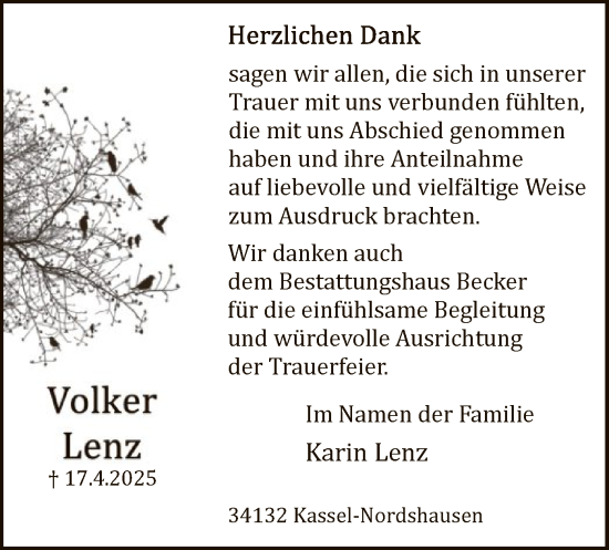 Todesanzeige von Volker Lenz von HNA