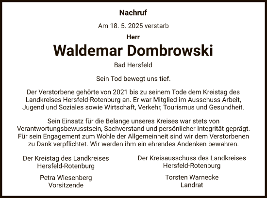 Todesanzeige von Waldemar Dombrowski von HZHNA