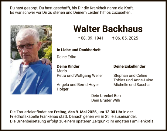 Todesanzeige von Walter Backhaus von HNAWLZ