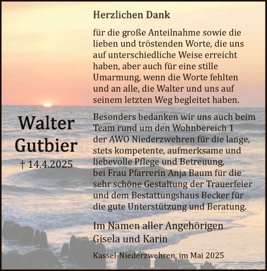 Todesanzeige von Walter Gutbier von HNA
