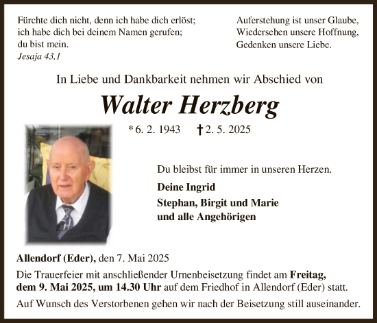 Todesanzeige von Walter Herzberg von HNA