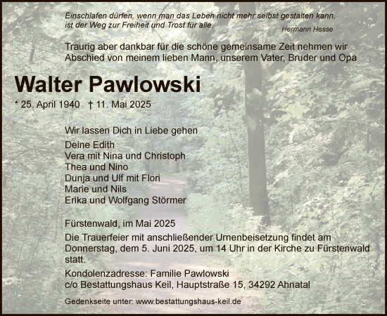 Todesanzeige von Walter Pawlowski von HNAHNA