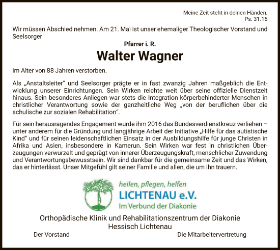 Todesanzeige von Walter Wagner von HNA