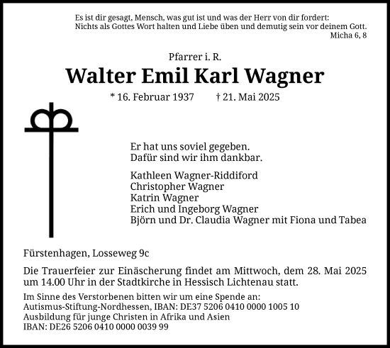 Todesanzeige von Walter Emil Karl Wagner von HNAHNA