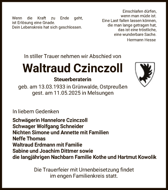Todesanzeige von Waltraud Czinczoll von HNA