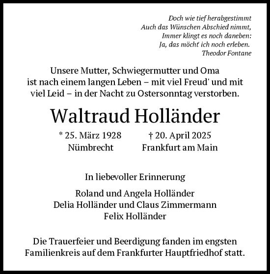Todesanzeige von Waltraud Holländer von HNA