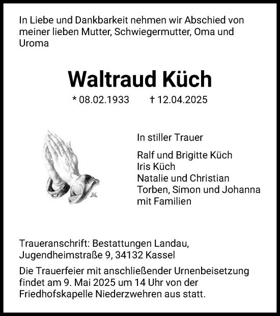 Todesanzeige von Waltraud Küch von HNA