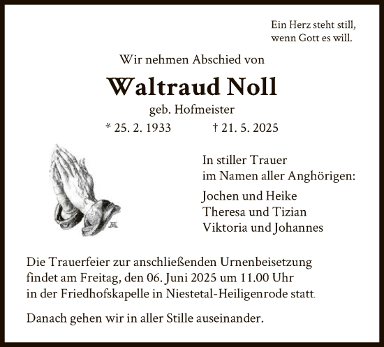 Todesanzeige von Waltraud Noll von HNA