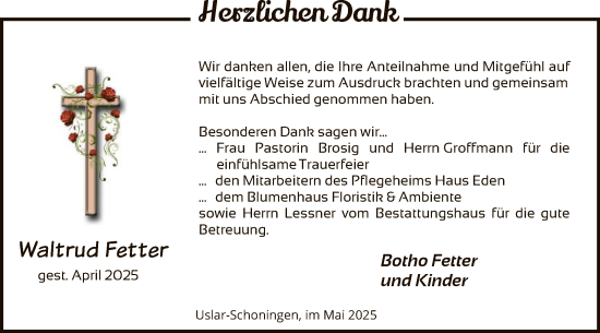 Todesanzeige von Waltrud Fetter von HNA