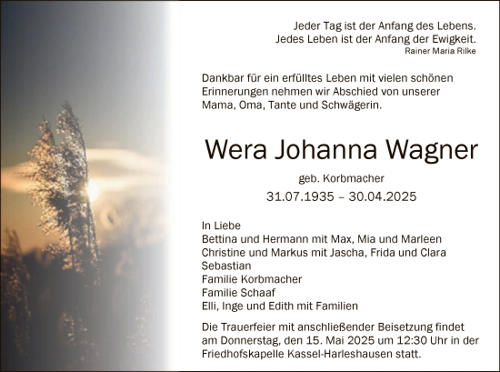 Todesanzeige von Wera Johanna Wagner von HNA